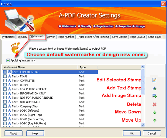 a-pdf creator setting for watermark